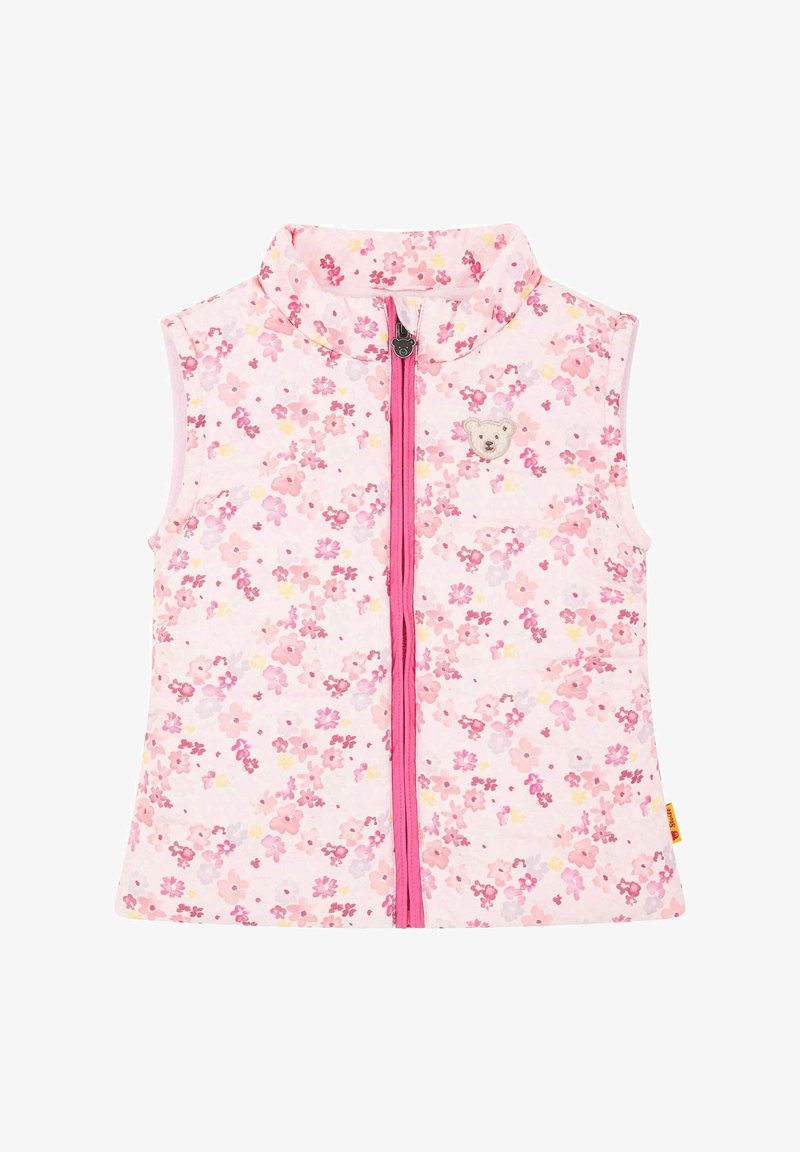 Bloemenpatroon vest met een roze achtergrond, heeft een hoge kraag en een rits aan de voorkant, verfraaid met een klein berenembleem op de borst.