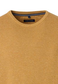 Mosterdgele gebreide trui met een ronde halslijn. Heeft een subtiele textuur en een contrasterende binnenhalsstreep in donkerblauw. Label zichtbaar.