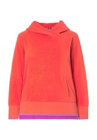 Sudadera naranja con un corte relajado, que cuenta con una gran capucha, bolsillo frontal y acentos morados en el dobladillo y los puños. Textura suave.