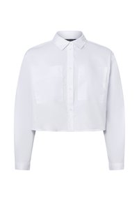 Gekürzte weiße Button-Down-Bluse aus glattem Stoff, mit einem klassischen Kragen und zwei Brusttaschen, geradem Saum und langen Ärmeln.