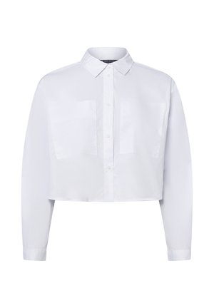 Gekürzte weiße Button-Down-Bluse aus glattem Stoff, mit einem klassischen Kragen und zwei Brusttaschen, geradem Saum und langen Ärmeln.