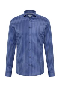 Blauw gestreepte langemouwen shirt van stof, met een button-down kraag en knopen aan de voorkant, voorzien van een subtiel textuurpatroon.