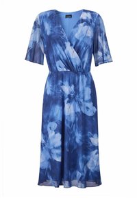 Robe portefeuille bleue à motifs floraux, à manches courtes, fabriquée en tissu léger. Présente un décolleté en V et une silhouette fluide.