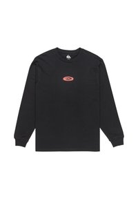 Schwarzes Langarm-T-Shirt aus Baumwolle mit einem kleinen roten Logo auf der Mitte der Brust. Glatte Textur mit gerippten Manschetten. Lässiges Design.