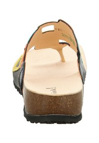 Black leather sandal with colorful accents, cork sole, and a toe post design. Textured insole and rubber outsole for grip.
