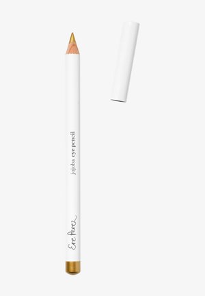 Crayon pour les yeux à la jojoba avec un corps blanc, une pointe dorée et une écriture noire. Le capuchon est retiré, révélant la pointe pointue du crayon.