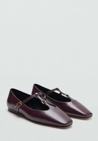 Zapatos planos de cuero burdeos con puntas afiladas y diseño de tirante en T. Presentan un acento de hebilla dorada y una textura suave.