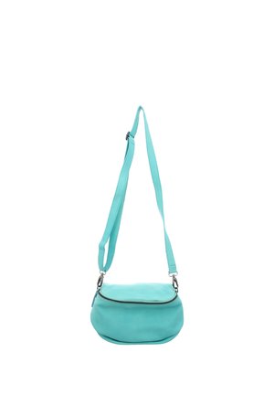 Small turquoise leather crossbody bag with adjustable strap and front zipper pocket, isolated on white background.