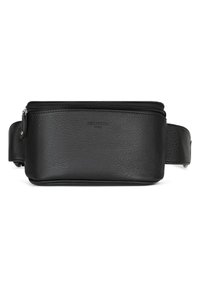 Czarna skórzana nerka o teksturowanym wykończeniu, z zapięciem na zamek i regulowanym paskiem. Posiada subtelne wytłoczone logo z przodu.