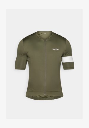 Kortermet sykkelt-skjorte i olivengrønn med glidelås foran, hvit skulderdetalj og "Rapha"-logo i hvitt på brystet.
