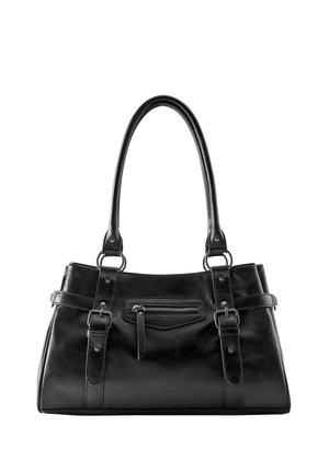Schwarze Lederhandtasche mit zwei Trägern, einer vorderen Reißverschlusstasche und Schnallendetails vor weißem Hintergrund.