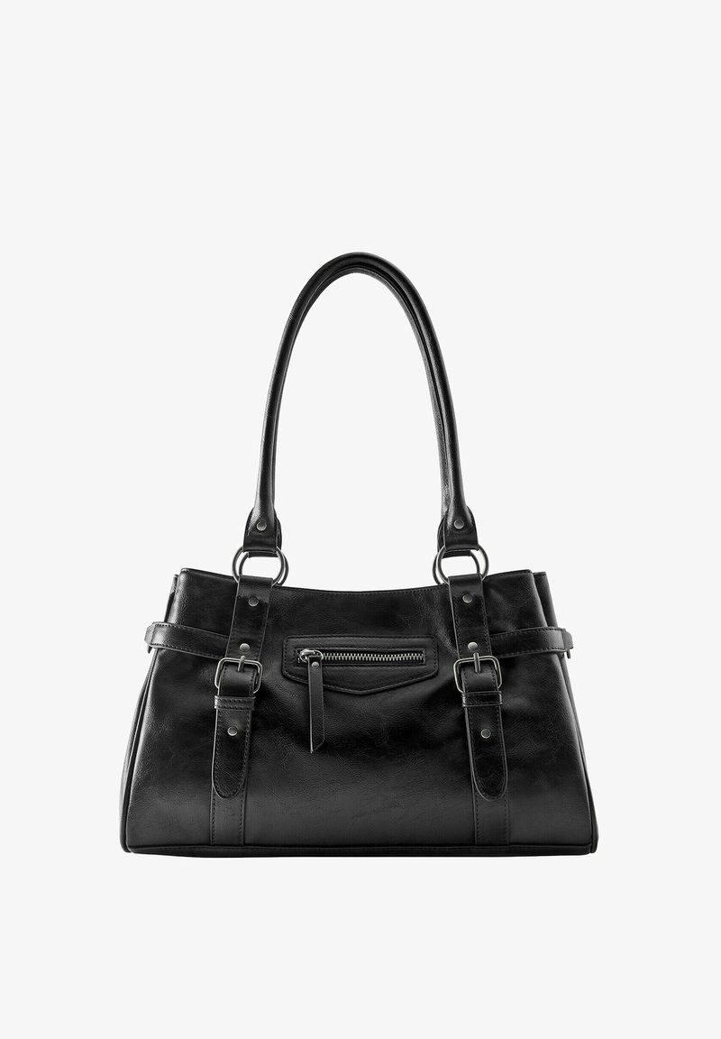 Sac à main en cuir noir avec deux anses, poche zippée à l'avant et détails de boucles sur fond blanc.
