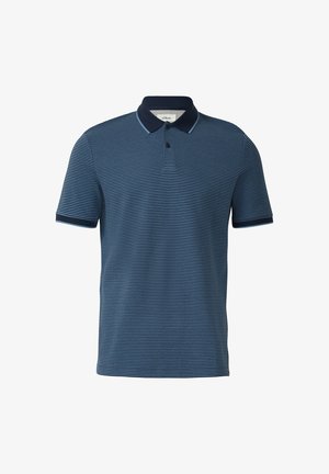 Granatowy polo z paskowanym wzorem, krótkimi rękawami oraz kołnierzykiem z dwoma guzikami. Wykonany z oddychającego materiału.