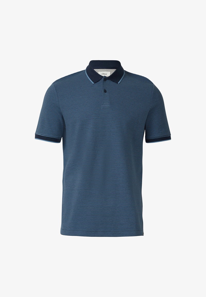Marineblaues Polohemd mit gestreiftem Muster, kurzen Ärmeln und einem Kragen mit zwei Knöpfen. Hergestellt aus atmungsaktivem Stoff.