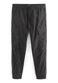 Black, elastic waist cargo pants with drawstring closure, featuring two side pockets and tapered cuffs. Made of lightweight, smooth fabric.