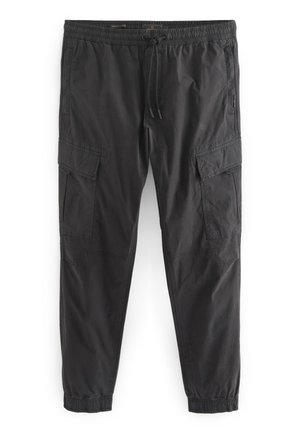 Black, elastic waist cargo pants with drawstring closure, featuring two side pockets and tapered cuffs. Made of lightweight, smooth fabric.