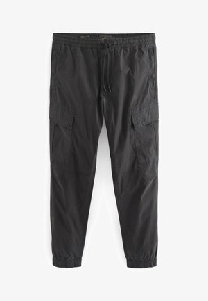 Black, elastic waist cargo pants with drawstring closure, featuring two side pockets and tapered cuffs. Made of lightweight, smooth fabric.