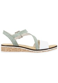 Women's sandals with a white and mint green upper, cork wedge sole, adjustable strap, and cross-design for foot coverage.