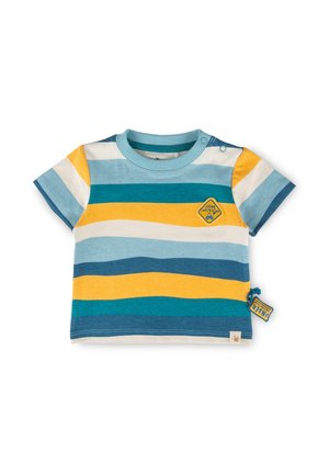 Maglietta a maniche corte per neonati con strisce orizzontali blu, gialle e bianche e una piccola toppa "Under Construction" sul petto e sul lato.