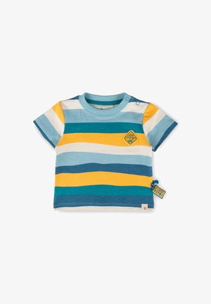 Short-sleeve baby shirt with horizontal blue, yellow, white stripes and a small "Under Construction" patch on the chest and side.