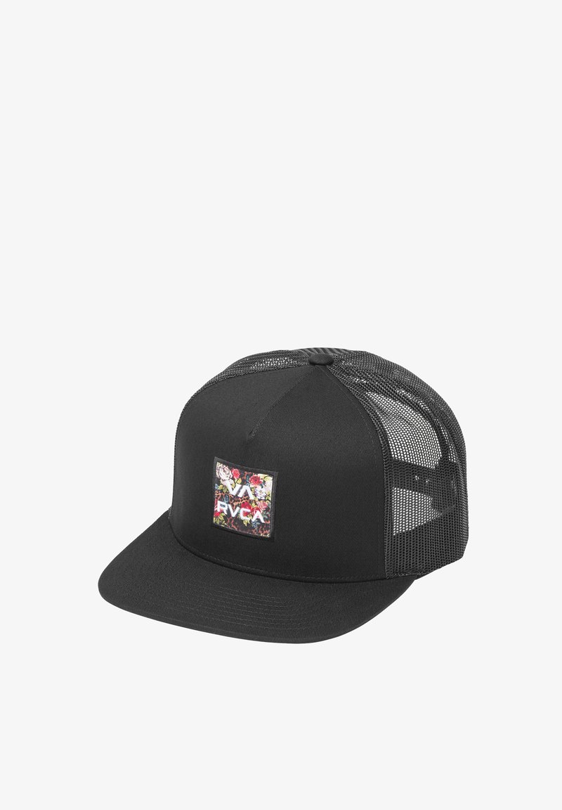 Cappellino trucker nero in rete con visiera piatta. Presenta una toppa floreale sul davanti. Materiale: parte anteriore in tessuto, parte posteriore in rete per una migliore traspirabilità.