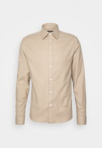 Beige overhemd met lange mouwen en knopen, voorzien van een klassieke kraag, gemaakt van gestructureerde stof, met witte knopen en subtiele branding op de zoom aan de onderkant.