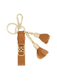 Brown leather keychain with gold-tone hardware, featuring a clip, ring, and two leather accents resembling leaves. Smooth texture and sleek design.