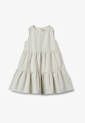 Ujjatlan ruha világos krém színben, texturált, kockás mintával. Bővülő, rétegelt szoknya, kerek nyakú és hátsó cipzáras részlet.