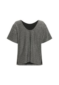 Top scurt cu mânecă scurtă, strălucitor, de culoare neagră și argintie, cu un decolteu larg, umeri lăsați și fante laterale, având un material texturat și sclipitor.