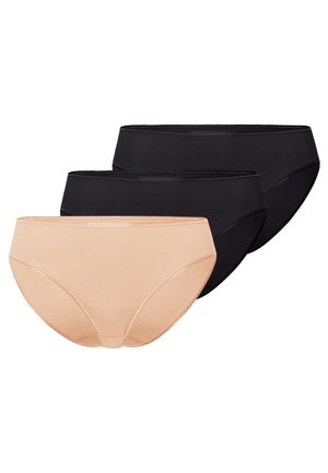 Tre dameunderbukser i en stak, to sorte og en beige, vist på en hvid baggrund.