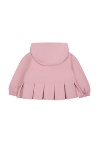 Roze hooded jacket met een geplooide achterkant. Voorzien van elastische manchetten en een gladde, waterafstotende stof.