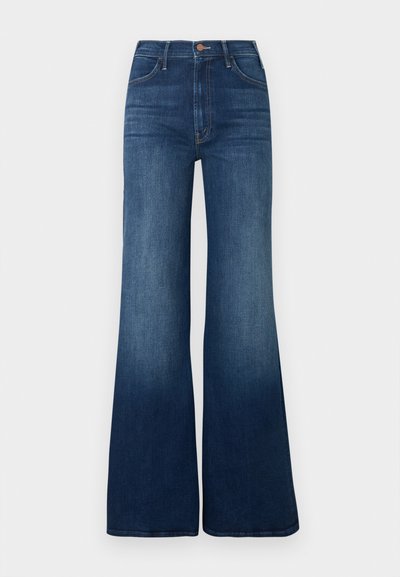 Dark blue denim flared jeans with a high waist. Features subtle fading and classic five-pocket design. Button closure at the front.