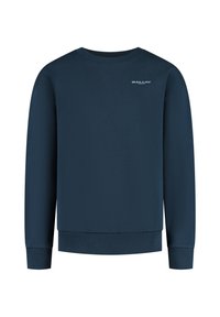 Marineblauwe crewneck sweatshirt met ribgebreide boorden en zoom, met een klein wit "BALLIN'" logo op de bovenste linkerborst.