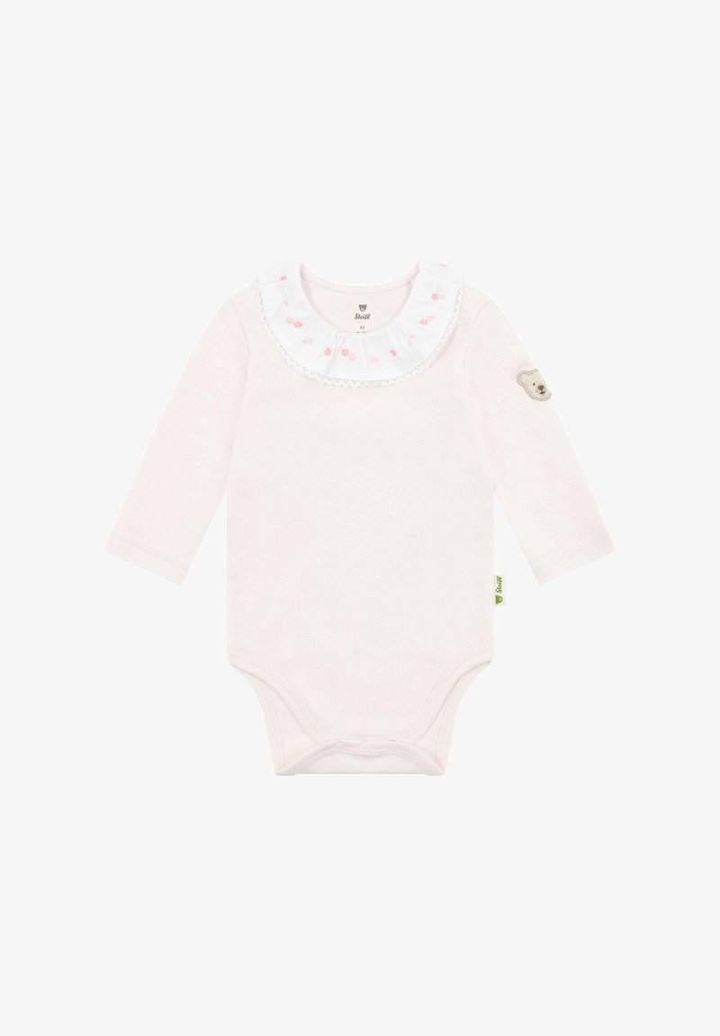 Long-sleeve baby bodysuit in soft pink cotton, features a white lace-trimmed collar with small floral prints and a bear patch on the sleeve.
