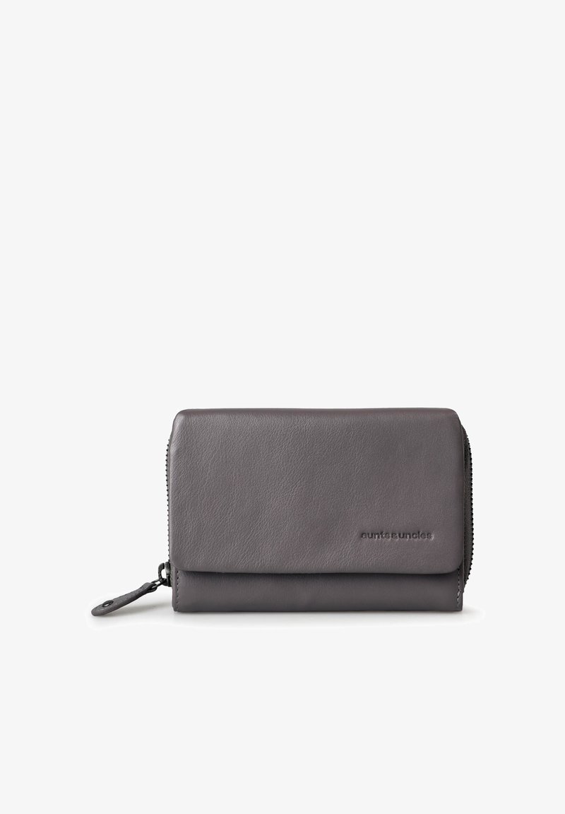 Gray leather wallet with a zip-around closure, smooth texture, and embossed brand name. Features a fold-over flap and wrist strap.