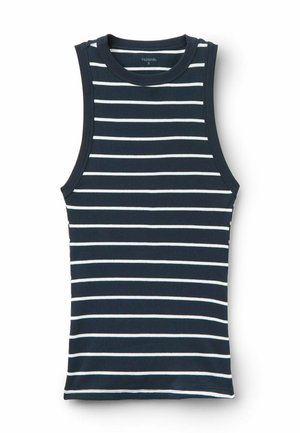Granatowy prążkowany top bez rękawów z poziomymi białymi paskami i okrągłym dekoltem, rozłożony na białym tle.