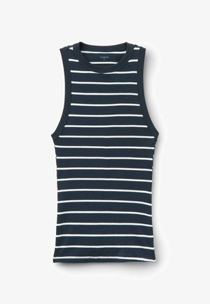 Granatowy prążkowany top bez rękawów z poziomymi białymi paskami i okrągłym dekoltem, rozłożony na białym tle.