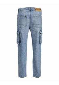 Light blue denim cargo pants with a straight cut, featuring two side pockets and two back pockets, and a logo patch on the waistband.