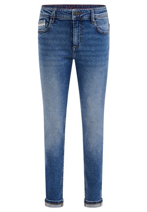Niebieskie jeansy slim fit z podwiniętymi mankietami, z przodu guzikiem i suwakiem oraz przednimi i tylnymi kieszeniami.