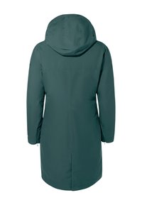 Parka impermeabile verde con cappuccio, maniche lunghe e due tasche laterali. Caratterizzata da una texture liscia e un design a taglio dritto.