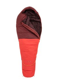 Sac de couchage rouge et marron foncé avec capuche, présentant un design matelassé, des bords contrastés et une fermeture éclair pour la chaleur.