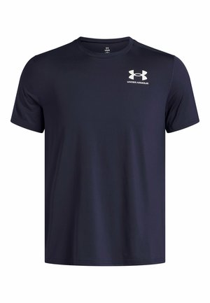Mørkeblå kortærmet t-shirt lavet af letvægtigt stof med rund hals og lille hvid Under Armour-logo på brystet.