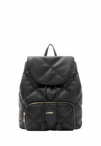 Schwarzer, gesteppter Lederrucksack mit Klappenverschluss und Kordelzug. Verfügt über eine vordere Reißverschlusstasche und Akzente aus goldfarbenem Metall.