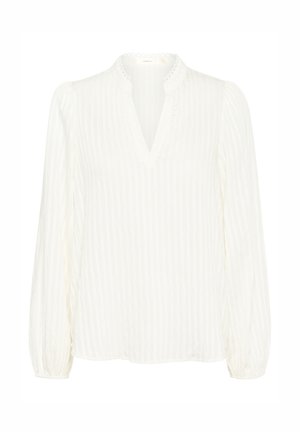 White long-sleeve blouse with a V-neck, textured fabric featuring vertical stripes, and gathered cuffs. Notable decorative detail at the neckline.