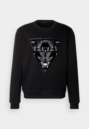 Zwarte sweatshirt met een grafisch ontwerp van het gezicht van een panter, met groene ogen, ingebed in een driehoekig patroon. Gemaakt van zachte, gestructureerde stof.