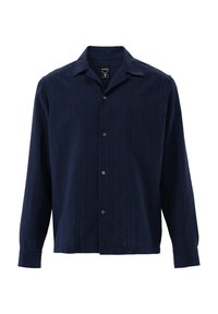 Camicia a maniche lunghe blu navy realizzata in tessuto leggero, con chiusura a bottoni, colletto alla francese e una sottile trama.
