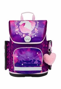 Dětský batoh v purpurové a růžové barvě s designem jednorožce, přední kapsou, stříbrnými akcenty a nadýchaným zipovýmCharmem ve tvaru srdce.