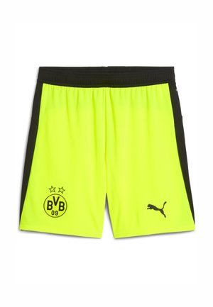Pantaloni sportivi giallo neon con pannelli laterali neri. Presenta un logo Puma nero e un'emblema BVB 09 con due stelle. Vita elastica.