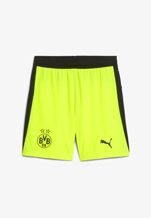 Neon yellow athletic shorts with black side panels. Features a black Puma logo and a BVB 09 emblem with two stars. Elastic waistband.