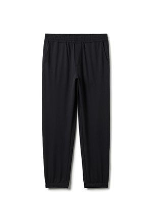 Zwarte casual broek met elastische tailleband en enkellaarsjes, met zijzakken op een witte achtergrond.